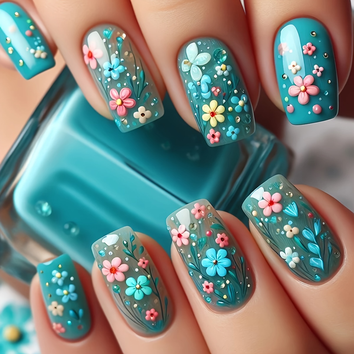 24pcs Spring Floral Press-on Nails - Short Square Glossy Wearable Nail Patches With Jelly Glue & File Strips, Designs For , Nail Accessories, Quick , Hand And Foot Decor, Durable Pressons