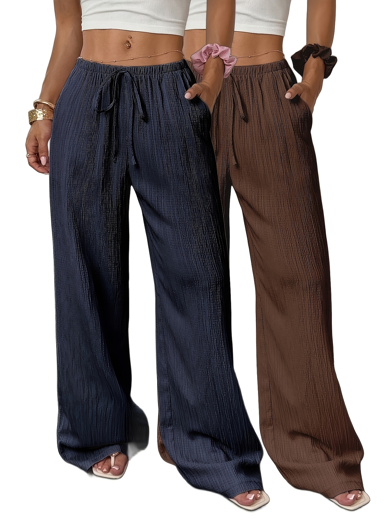 plus size - plus size - 2er-set damen lange hosen in übergröße, unifarben, urlaubsstil, mit  , ersatz-kordelzug