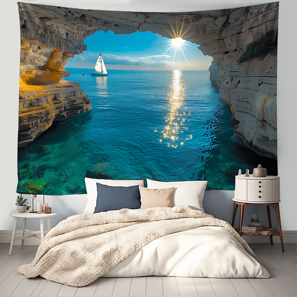 TEMU Tapisserie Bohème Vue sur l'Océan - Mer Ensoleillée & Tenture Murale, Décoration Maison en Polyuréthane