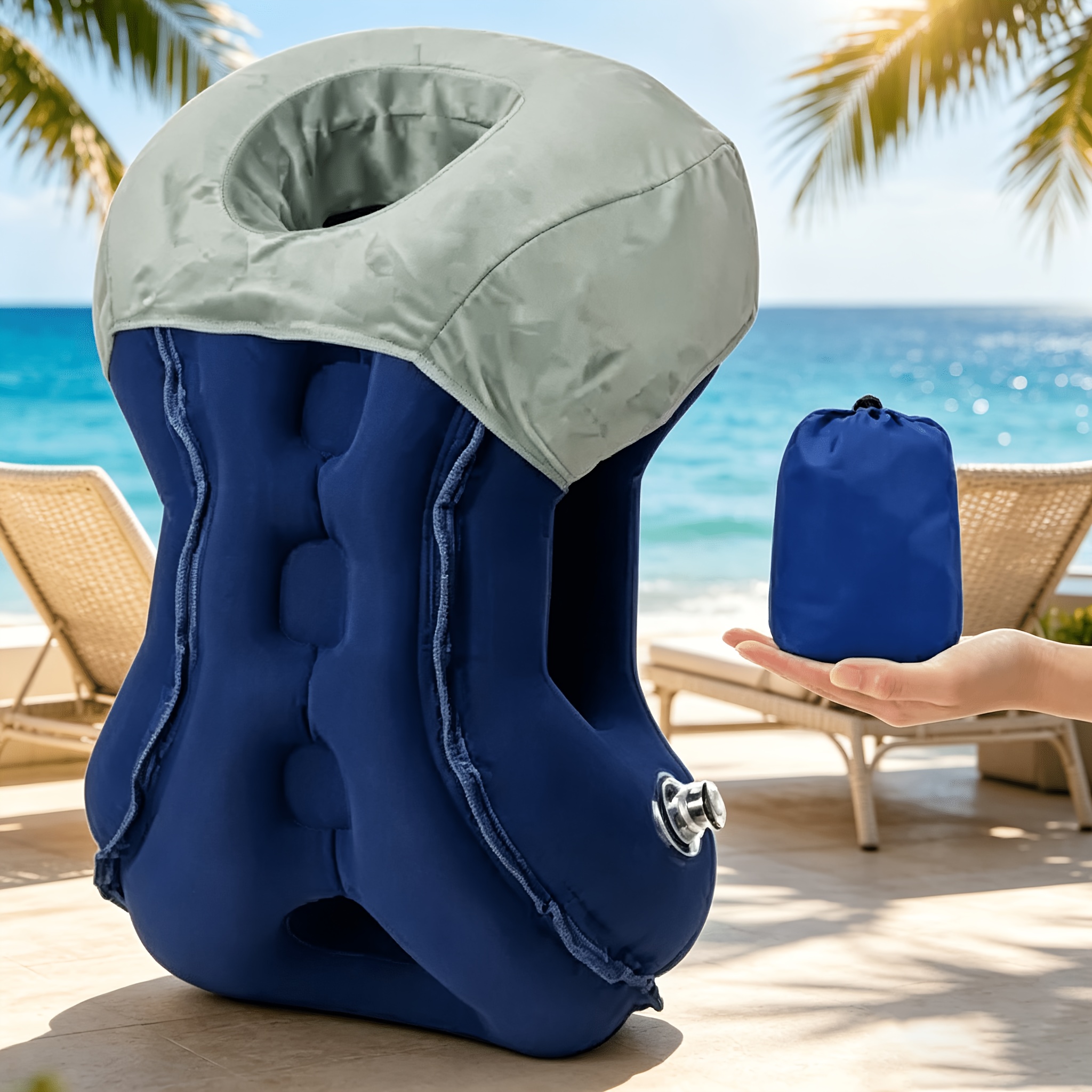 TEMU Reposacabezas Inflable de Viaje, Dos Tamaños Disponibles para Más Formas de Cara, Removible y Lavable, Almohada Portátil Plegable con Cojín de