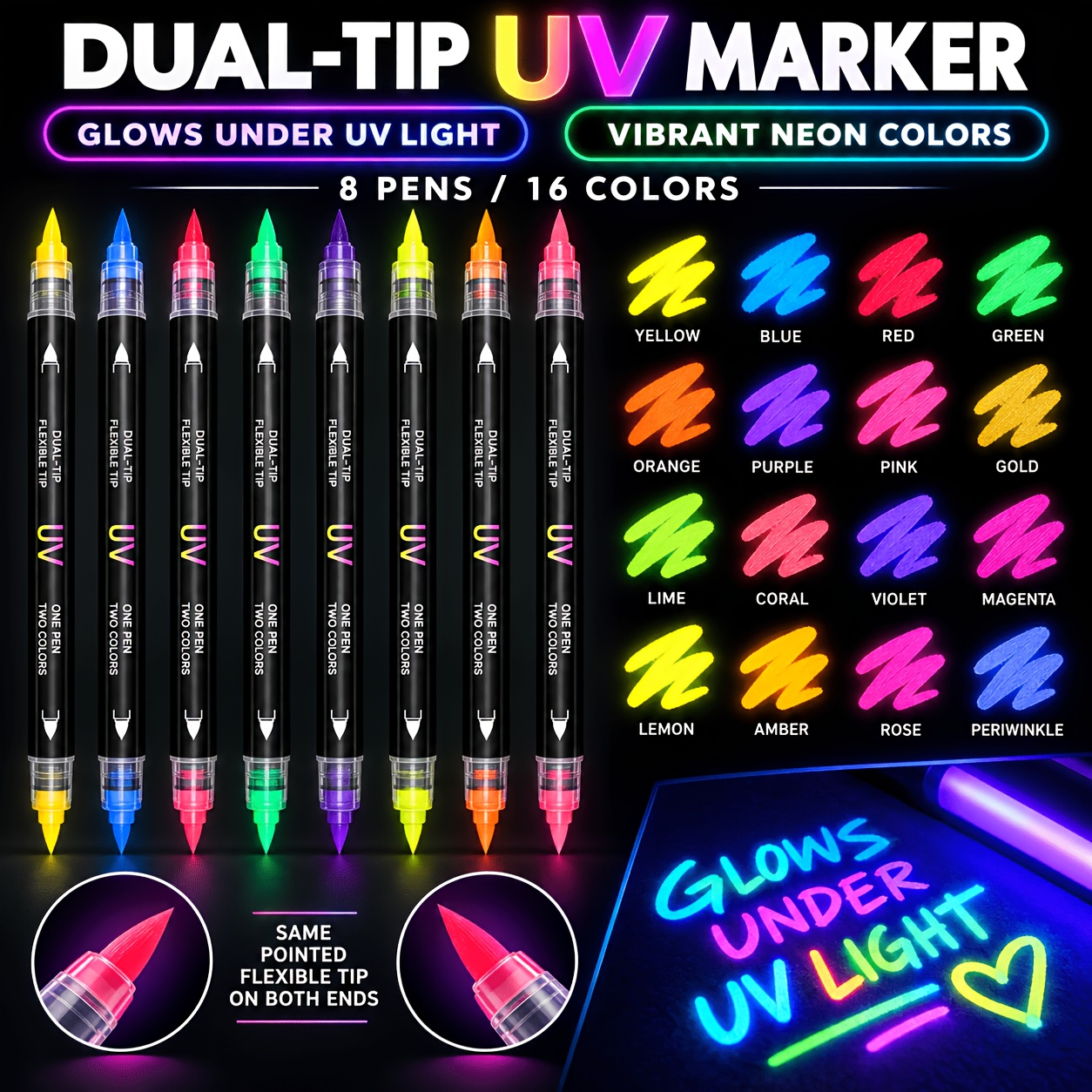 TEMU Stylos fluorescents UV à double pointe et deux couleurs, 8 stylos avec 16 couleurs , parfaits pour les gribouillages DIY, les affiches et la