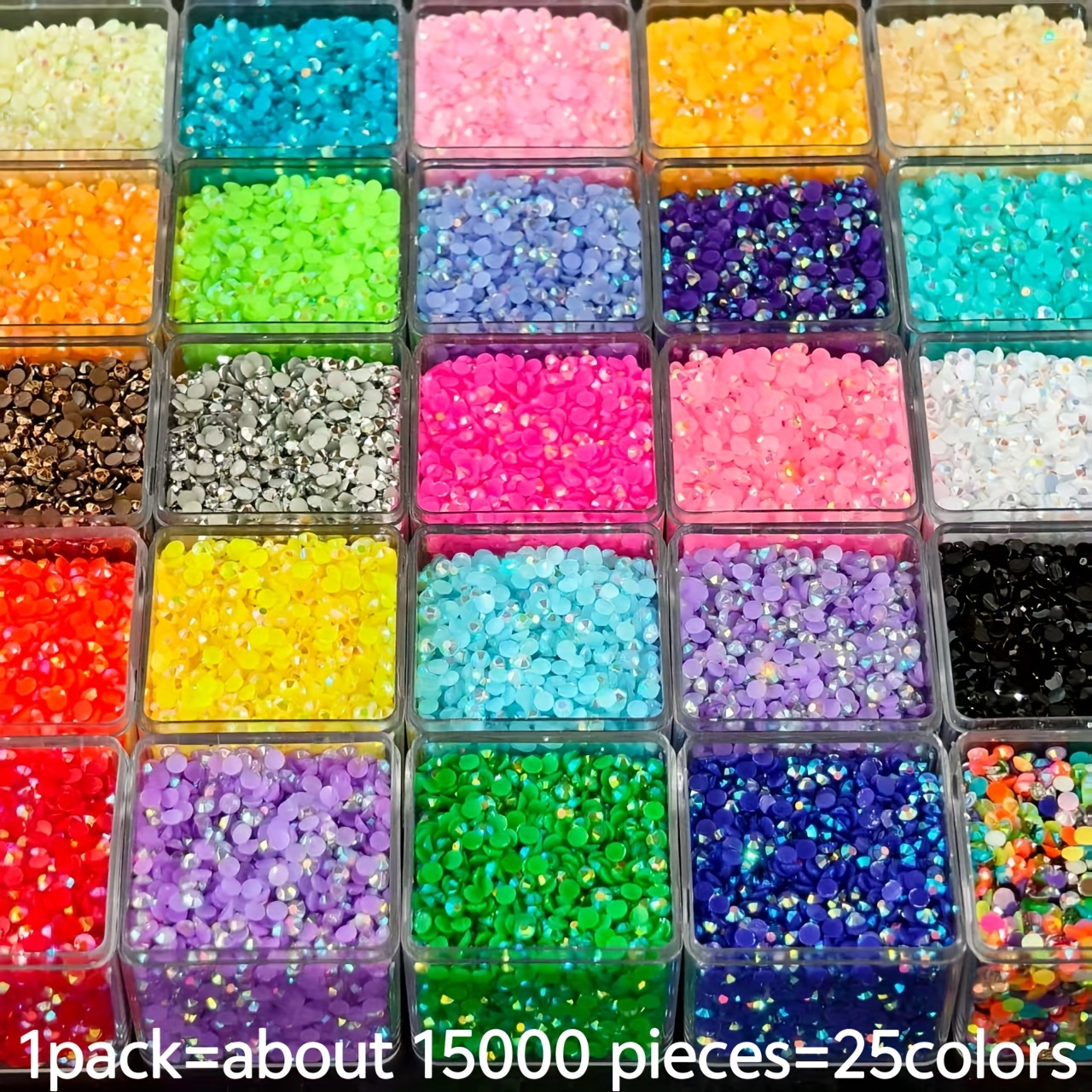 E-shop 15000 Stück 25 Farbkombinationen, 5D Harz Runde Glänzende Diamanten Set, 3mm, Jelly Flache Boden Glänzende Diamanten, Geeignet für Handgemachte