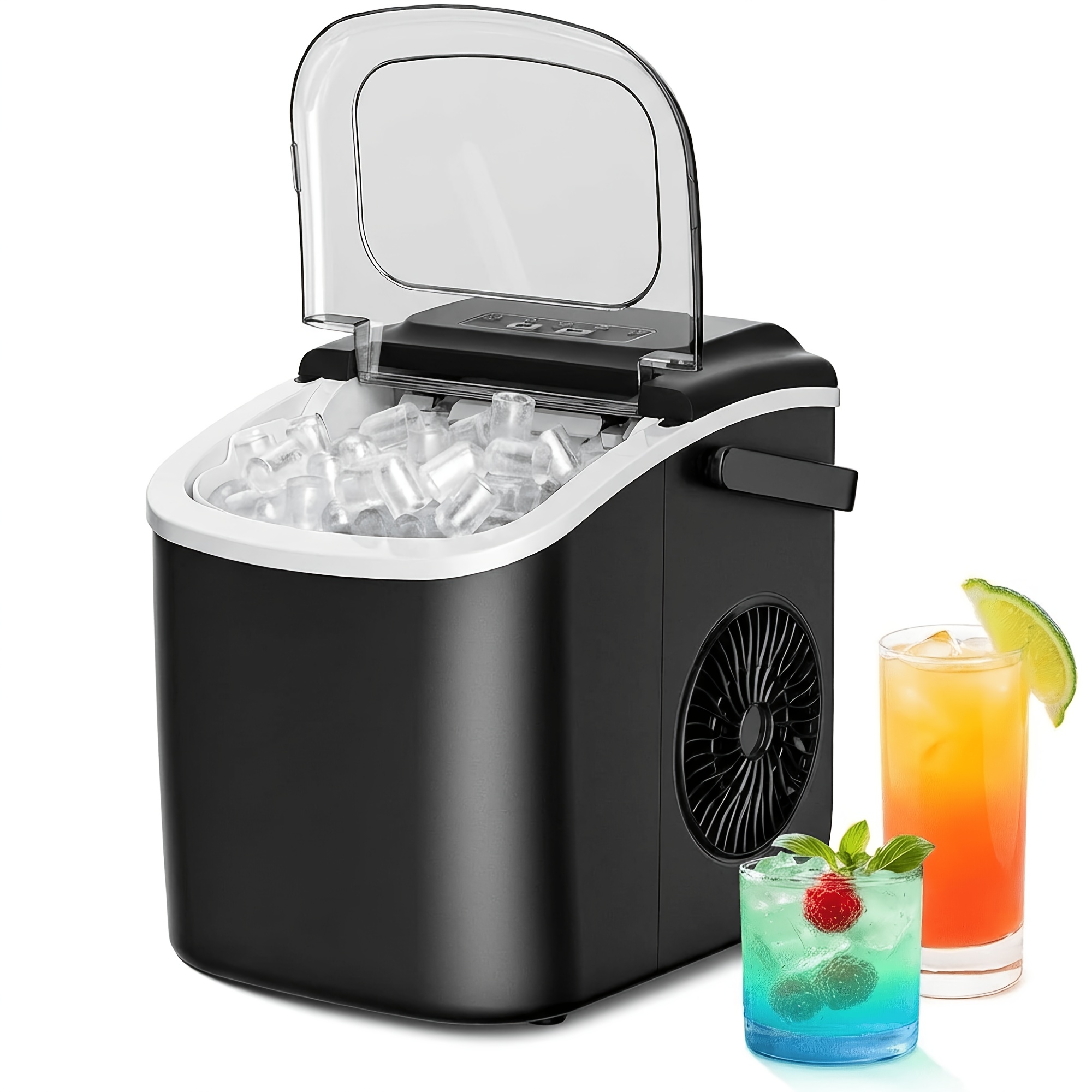 portable countertop ice maker with carrying handle   9 ice cubes in   produces 26 lbs of ice in 24 hours self cleaning ice maker   ice storage basket and ice scoop suitable for family   kitchen camping   iced