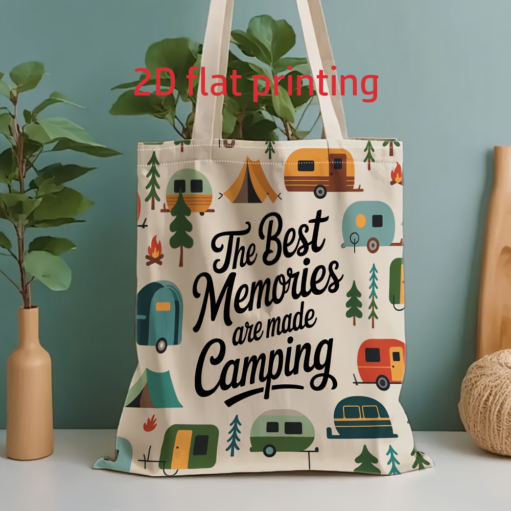 TEMU 1pc, 2d Flat Print Canvas Tote Bag - Vibrant Camping Memories Theme, Reusable Grocery Shopping Bag For Women, Spacious And Comfortable Shoulder