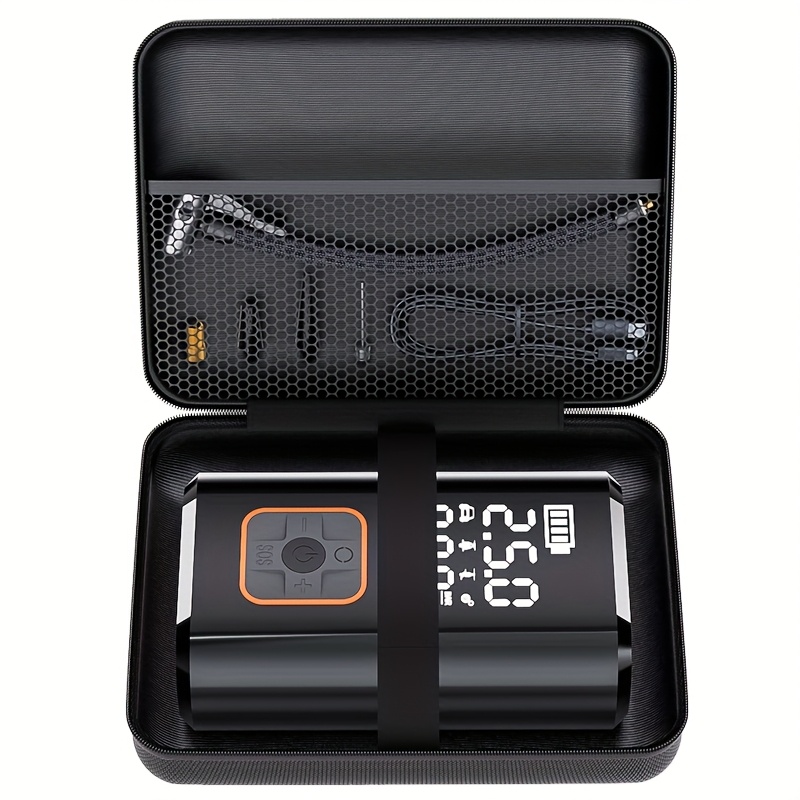 E-shop Tragbare Auto-Luftpumpe: Kabelloser Digital-Inflator mit Aufbewahrungstasche, digitalem Manometer und Notfall-LED. Multifunktionaler