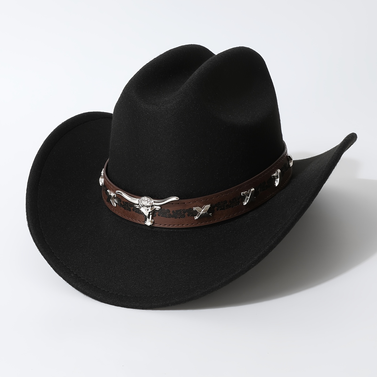 E-shop Western-Stil Hut mit breiter Krempe | 3D Stierkopf-Texturband, verstellbarer großer Kopfumfang, Gesichts- und High-Skull-Top-Design, vielseitig