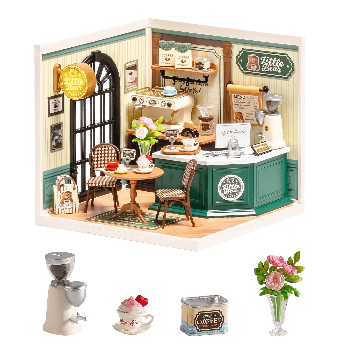 Robotime Super Creator Miniature House Kit, Coffee Shop Room Box, Snap-fit Plastic Model Building Kit, Creative Craft Hobby Project & Gift For Teens 14+(dw028- Cafe)
