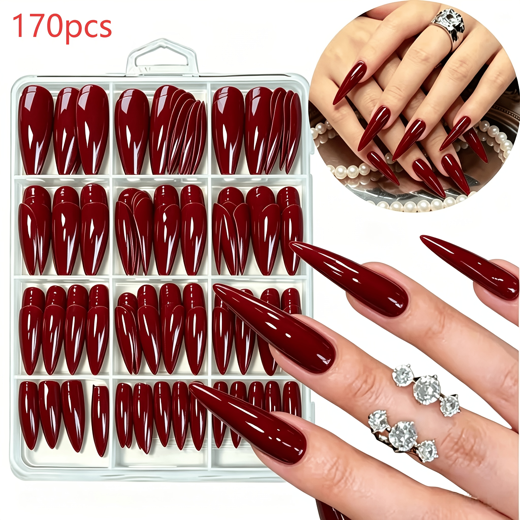 TEMU 170pcs Glossy Press-on Nails Suitable For Women - Stiletto Full-cover Fake Nails With Pre-made Tips, 12 Sizes Salon-grade Reusable Wine Red Nail