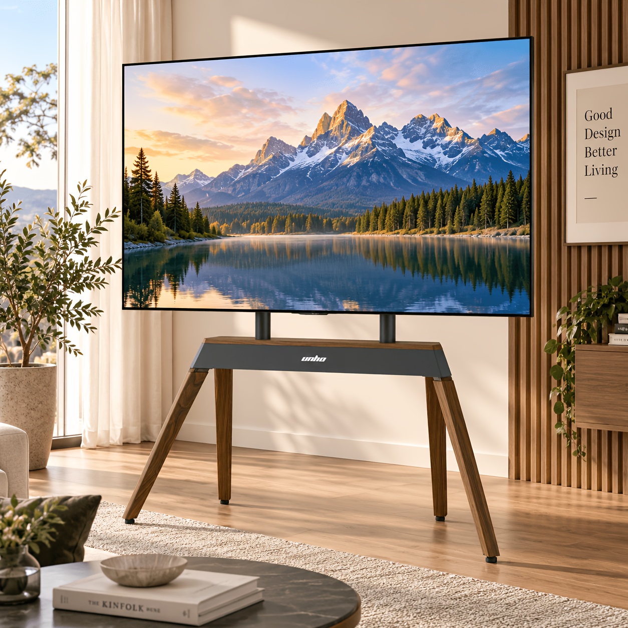 Image of Solid Wood Leg Floor Tv Mount, Load 50kg, Modern Freestanding Tv Stand, Easel Tripod Tv Stand For 40-86 Inch Universal Tvs, Height Adjustable, Max Vesa 600x400, For Living Room, Bedroom, Office