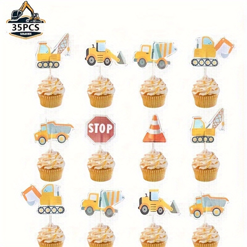Image of 35pcs Construction Theme Baking Decorations, Cupcake Toppers, Muffin Cake Toppers For Parties, Pizza And Ice Cream Dessert Table Dress , Party Decorations, Birthday Party Decoration