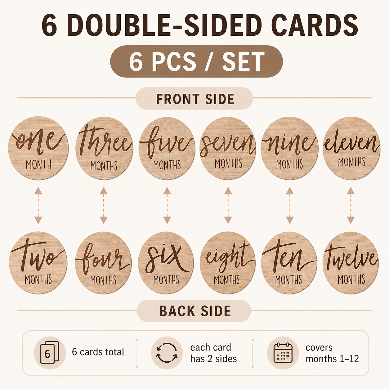 TEMU Accessoires de Photographie Lot de 6 Cartes Étape Mensuelle pour Bébé en Bois Double Face, 1-12 Mois, Accessoires Photo pour Journal de