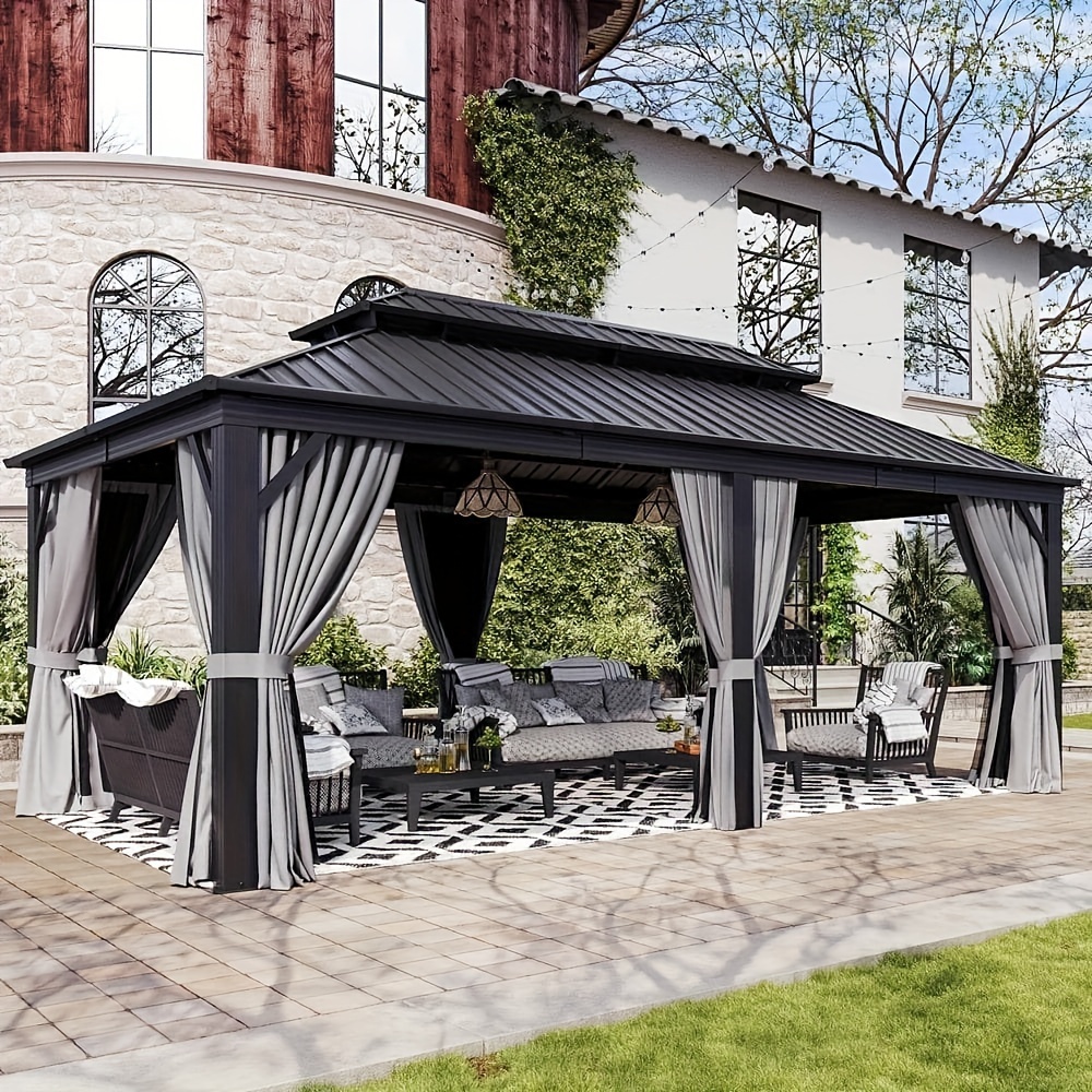 12' X 20' Galvanized Steel Hardtop Gazebo With Double Roof, Aluminum Metal, Curtains, And Netting For Gardens, Decks, Patios