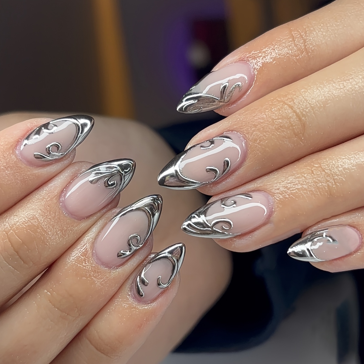 TEMU 24pcs Almond-shaped Press-on Nails With Simple Stamping And Gilding, Featuring A 3d Silvery Design. Includes Jelly Glue And Nail File. Suitable