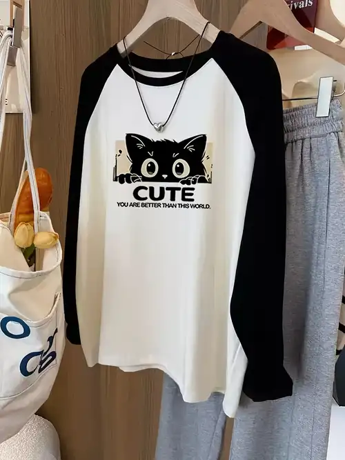 Women's Cute Cat Printed T-Shirt - Vintage Graphic Tee, Oversized, 95% Cotton, Casual Summer Top