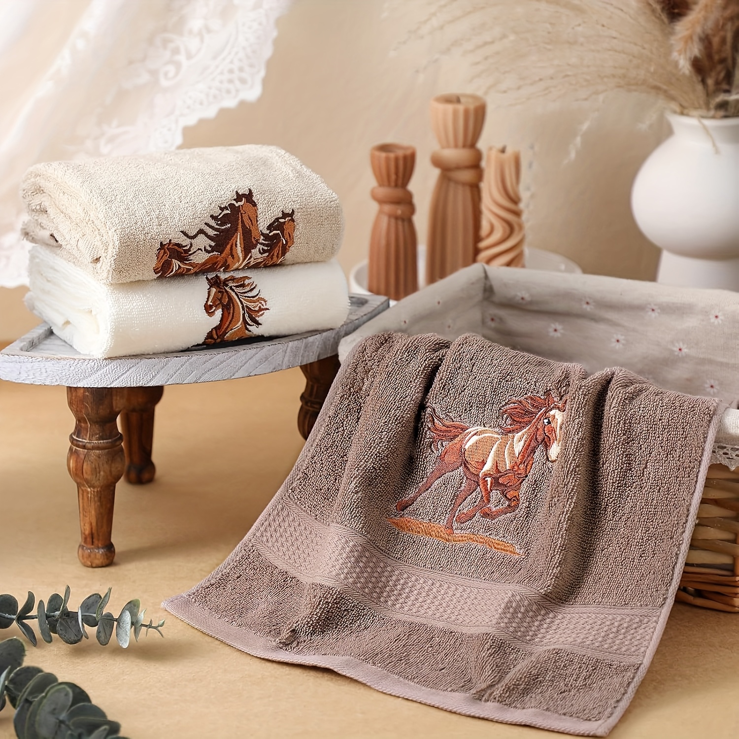 TEMU 3pcs Western Horse Hand Towels Set For Bathroom 100% Cotton Embroidered Decorative Equestrian Horse Themed Gifts Farmhouse Towels For Bathroom Kitchen Decor 13. 3 X 29. 5''