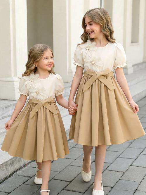 girls dress kids elegant a line dress with 3d flower applique bow waist short sleeve princess party wedding dress