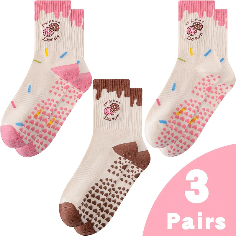 TEMU 3 Pairs Ladies' Cute Cartoon Donut Pattern Leggings For Pilates, Soft And Comfortable, With Good Elasticity And Grip, Suitable For Yoga, Gym,