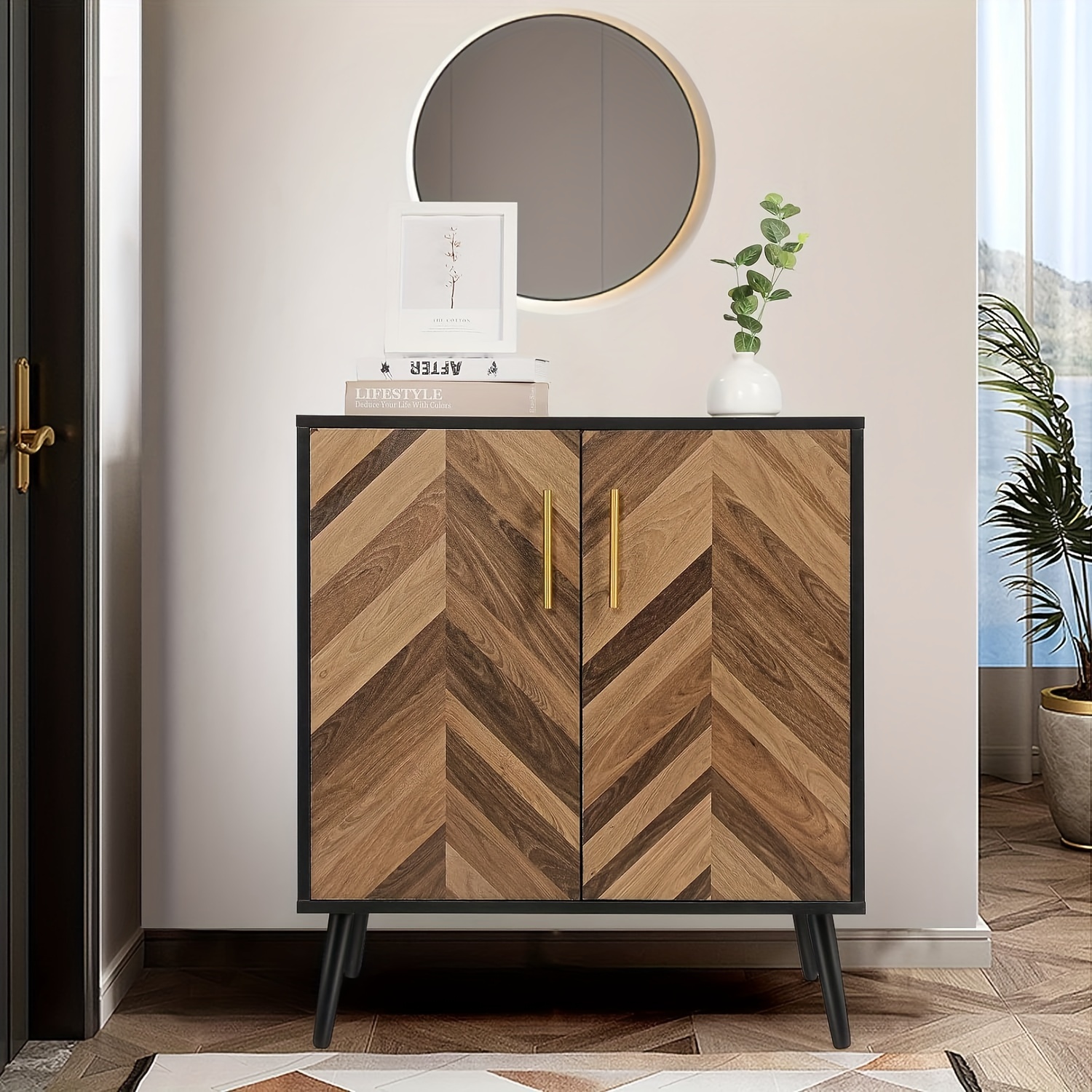 Adjustable Storage Modern Hardwood Storage Cabinet with 2 Doors Floor Mounted Sideboard Buffet Cabinet with Adjustable Shelves Black Accent Credenza for Living Room Office Bedroom Entryway No