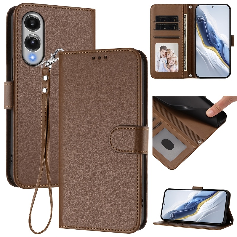 TEMU Phone Case - Faux Leather Solid Color Phone Case For Galaxy S25 Edge, With Lanyard And 3 Card Slots And 1 Slot, Anti-theft Wallet Card Holder