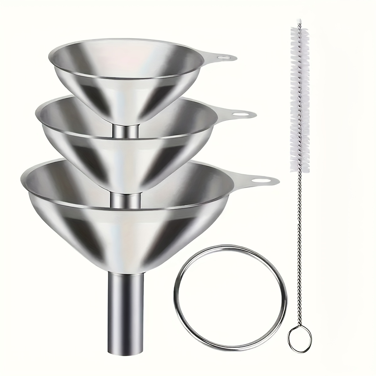 TEMU 4pcs Stainless Steel Funnel Set, Silvery Funnels With Cleaning Brush For Kitchen Liquid Transfer, Filling, Cooking And Baking