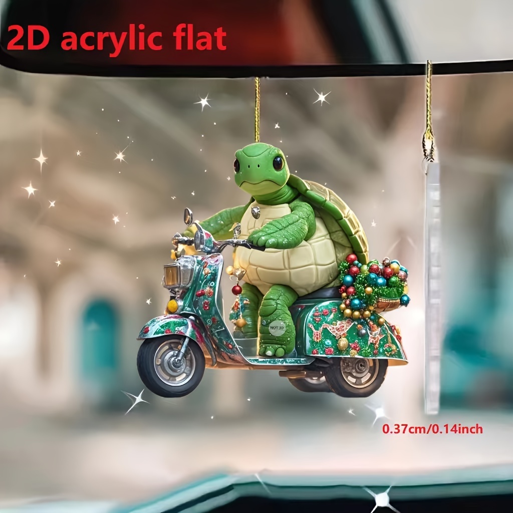 

1pc Adorable Turtle Riding Christmas Car Acrylic Pendant - Vibrant 2d Decor For Rearview Mirror, Home, Bag & Keychain With Holiday Charm - Perfect Gift Idea For