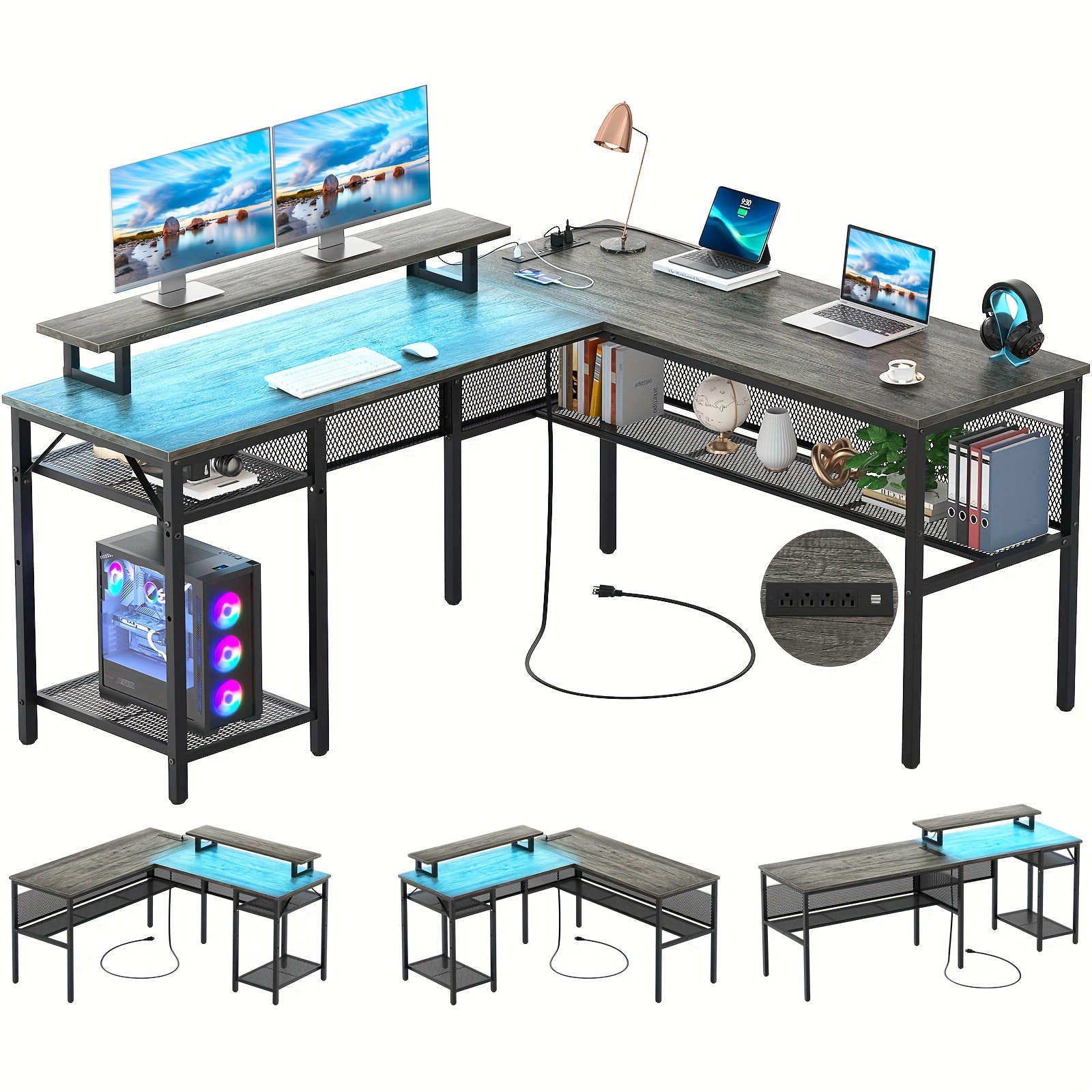 

Unikito L Shaped Computer Desk, Reversible 55 Inch Desk With Monitor Stand, Unique Grid Design, Gaming Table With Storage, Black Oak