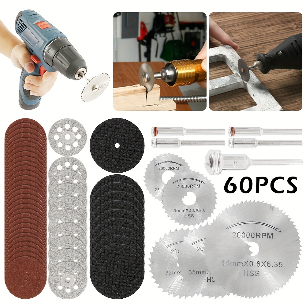

60pcs Cutting Wheel Set Wear Resistant Cutting Disc Kit Sharp Circular Saw Blade Set Professional Rotary Tool Accessories With Rod For Cutting Wood Plastic Metal Glass