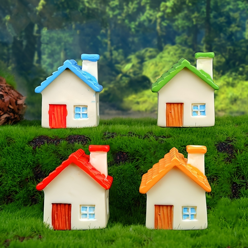 

4pcs Miniature Resin Cottage Figurines, Rustic House Yard Accents, Villa Decorations, No Battery Required, With Electricity-free Use For Fairy Garden, Moss Landscape Accessory