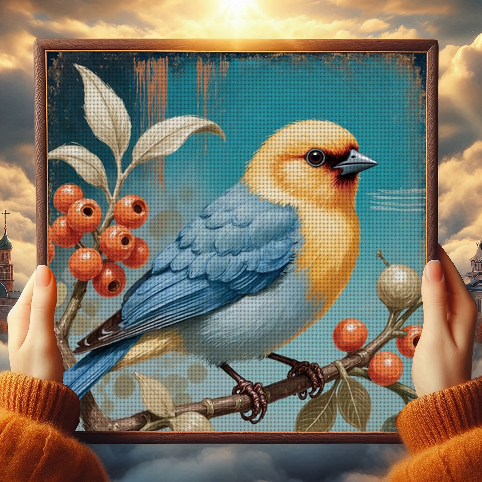 Cross Stitch Kit "Colorful Bird on Berry Branch" Pattern, Ideal for Beginners