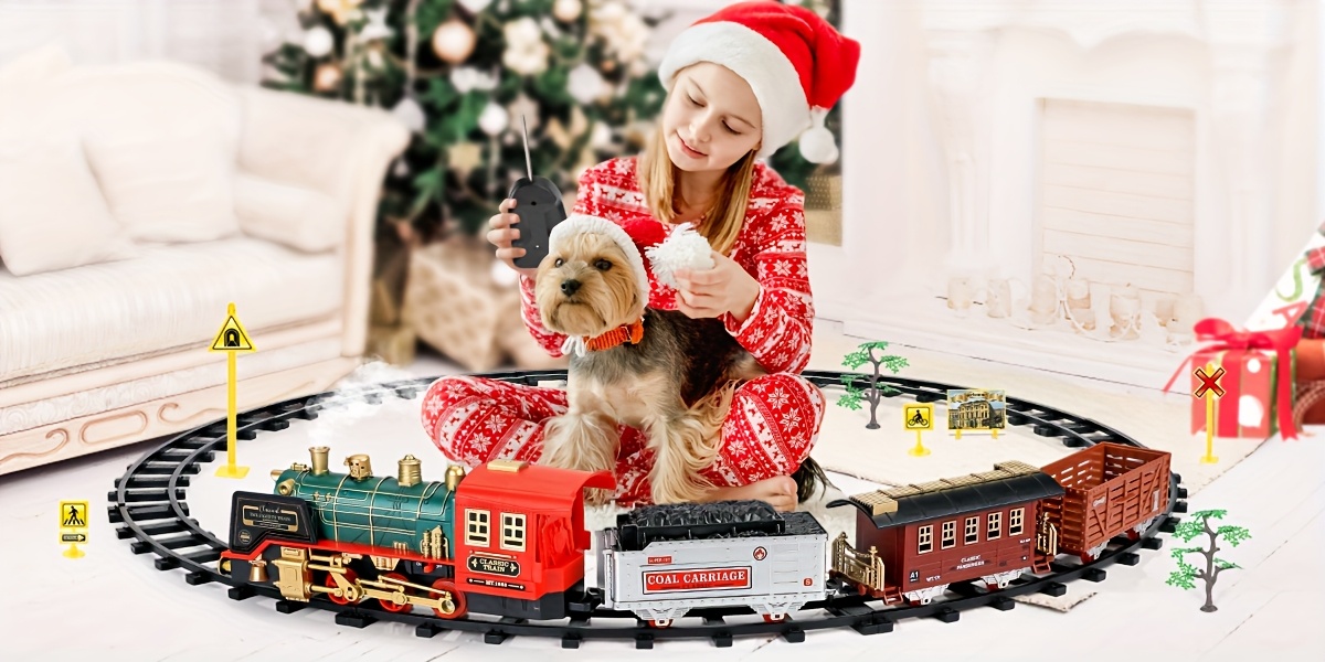 Multi-Item Party Favor Pakcs Christmas Electric Train Set with Steam, Sound And Light, Remote Control Train Toys with Locomotive Engine, Cargo Cars Tracks, Rechargeable Party Toy Train for Kids Boys 3+ Year Old