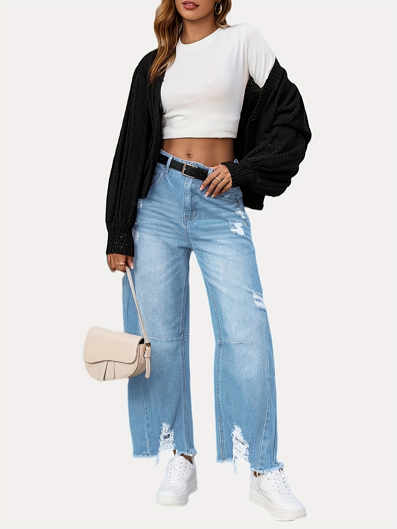 womens oversized wide leg jeans boyfriend style cropped Temu