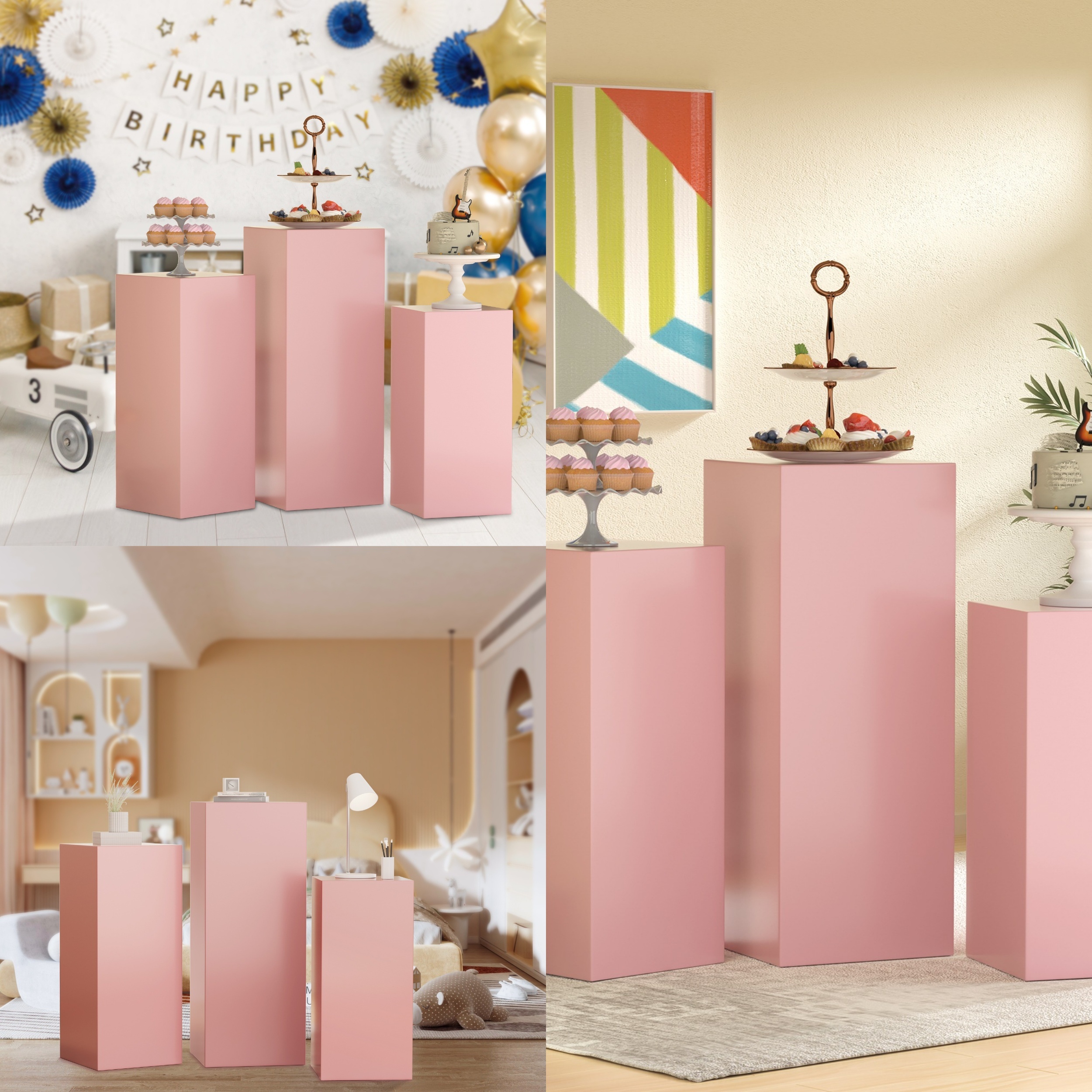 3-Piece White Fluted Pedestal Stand Set - Square Wooden Display Pillars For Cakes, Desserts, Wedding & Party Decor