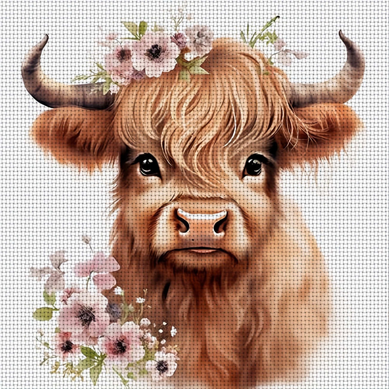 TEMU 1pc Printed Diy Stitch Kit, Frameless, "scottish Cow With Floral Ornament" Pattern, Perfect For Beginners' Relaxing Craft Time, Allows You To