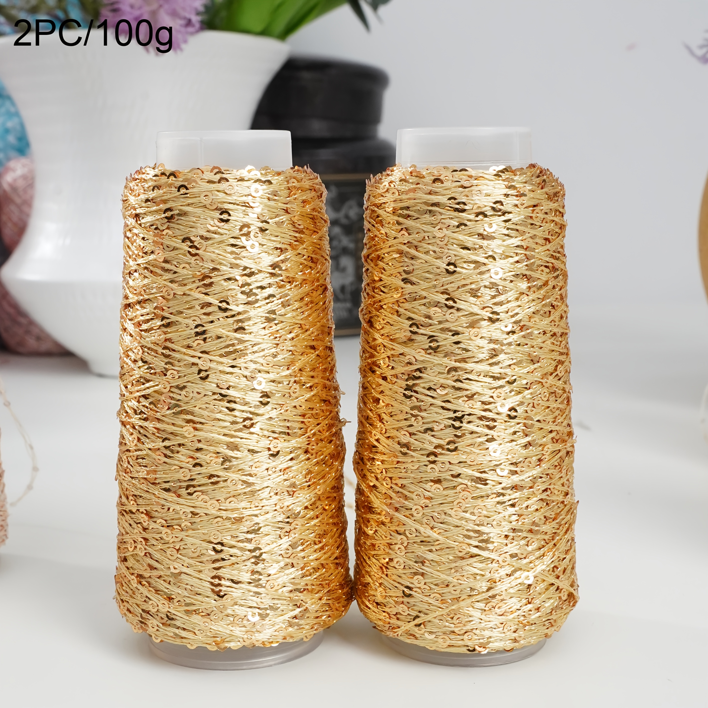 TEMU 2 Spools/100 Grams Shiny 2mm Sequins Yarn, Each Roll 50 Grams Sparkle Yarn, Multiple Colors Available, Diy Knitting Crochet Thread For Clothes,