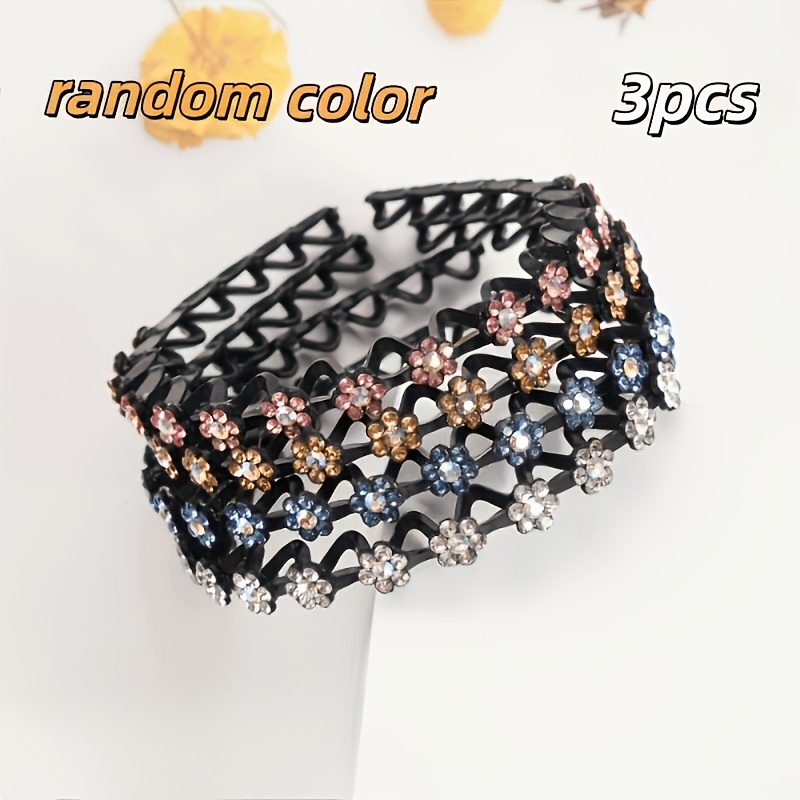 Image of Random 3pcs Exquisite Shiny Rhinestone Flower Headbands - Non-slip Headbands For Women, Fashionable And Elegant Hair Additions, Suitable For Daily Wear, Parties And Weddings, Random Colors