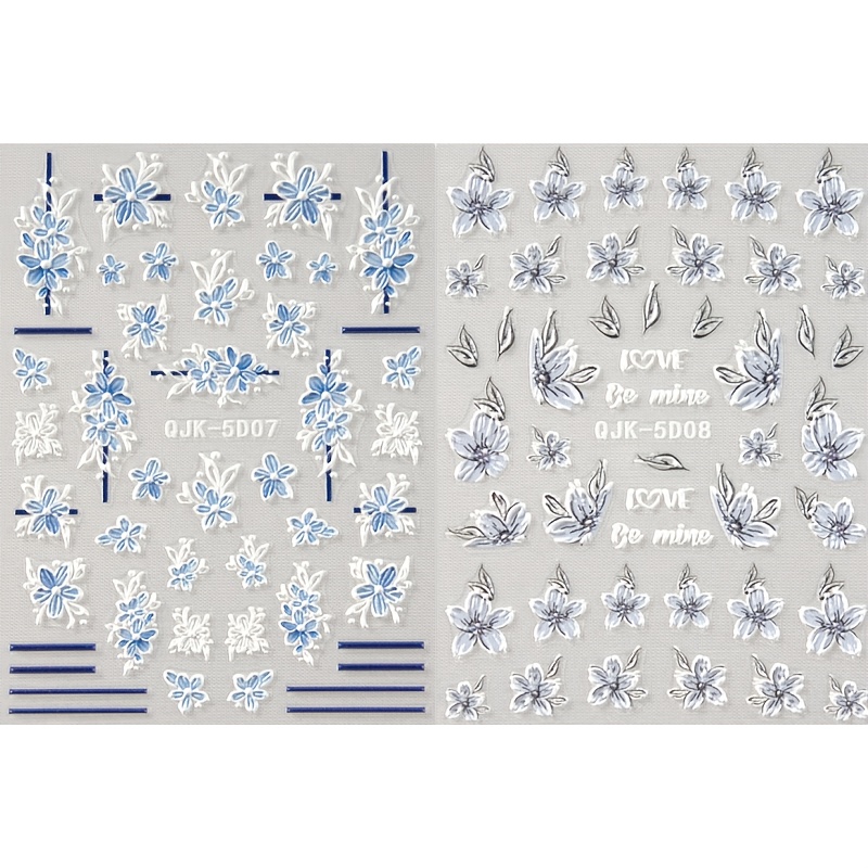 Image of 2 Embossed Spring Flower Nail Stickers - Blue And Purple Floral Decals, Self-adhesive Nail Decoration Stickers