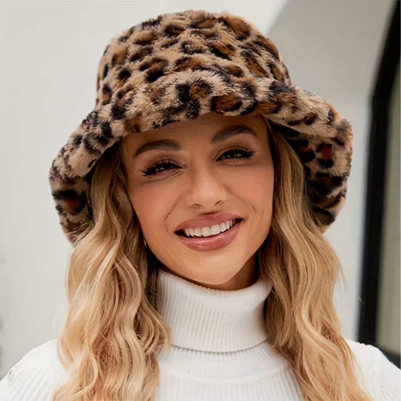 

Women's Leopard Print Plush Bucket Hat 1-pack, Adjustable Crown, Warm For Autumn & Winter, Non-stretch Polyester, Hand Washable, Moisture-wicking Woven Fabric,