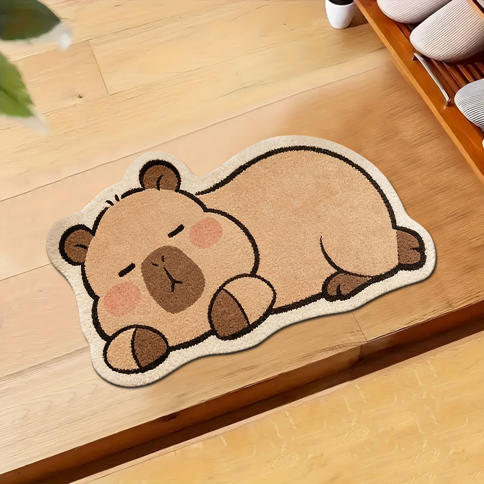 TEMU 2d Flat Cute Capybara Plush Rug - Cartoon Capybara Sleeping Design Bedside Carpet, Brown Series Irregular Shaped Non-slip Floor Mat, Washable