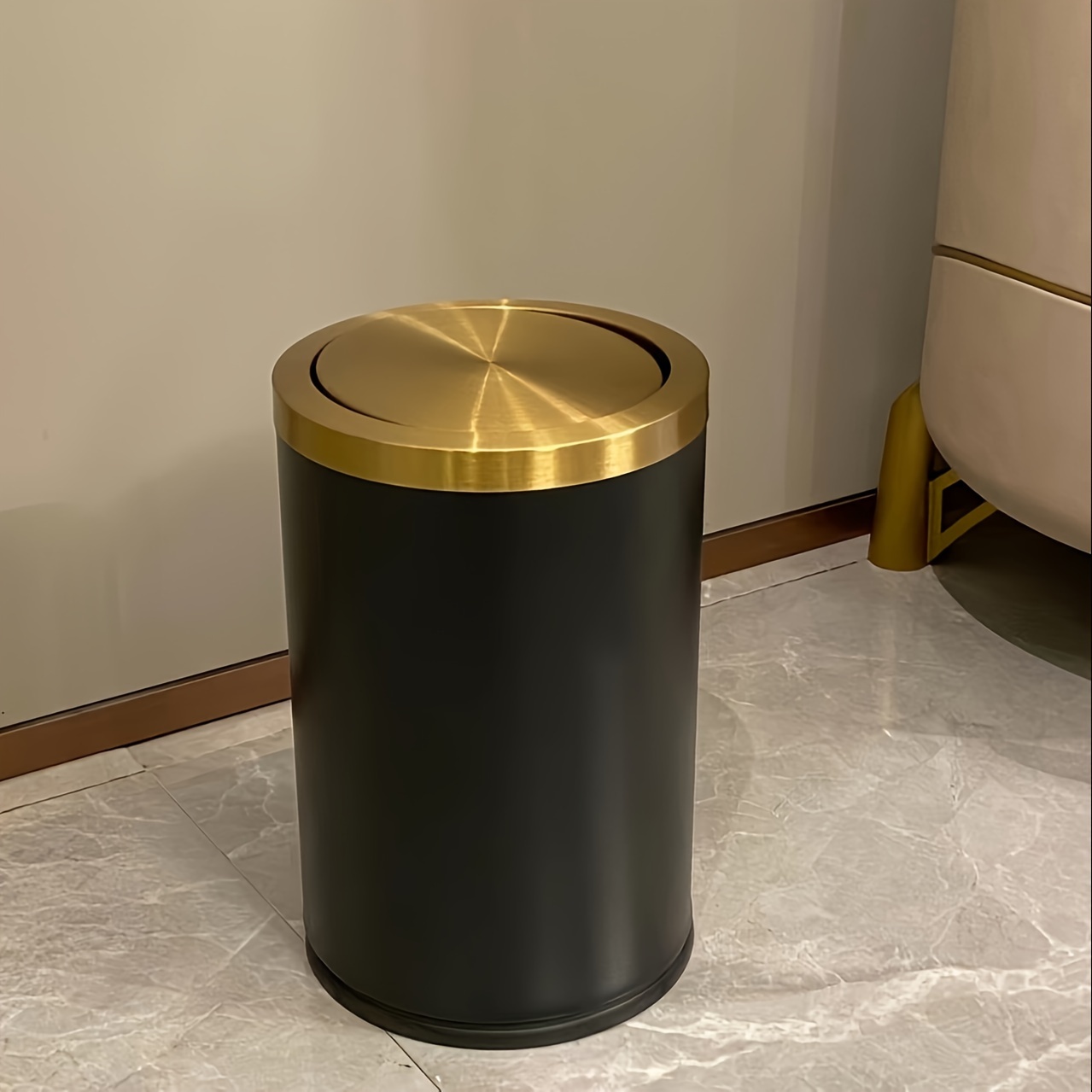 

1pc Elegant Stainless Steel Trash Can With Swing Lid, Metal Waste Bin With Cover, For Kitchen, Living Room, Bedroom, Bathroom, Hotel - Luxurious Home Decor