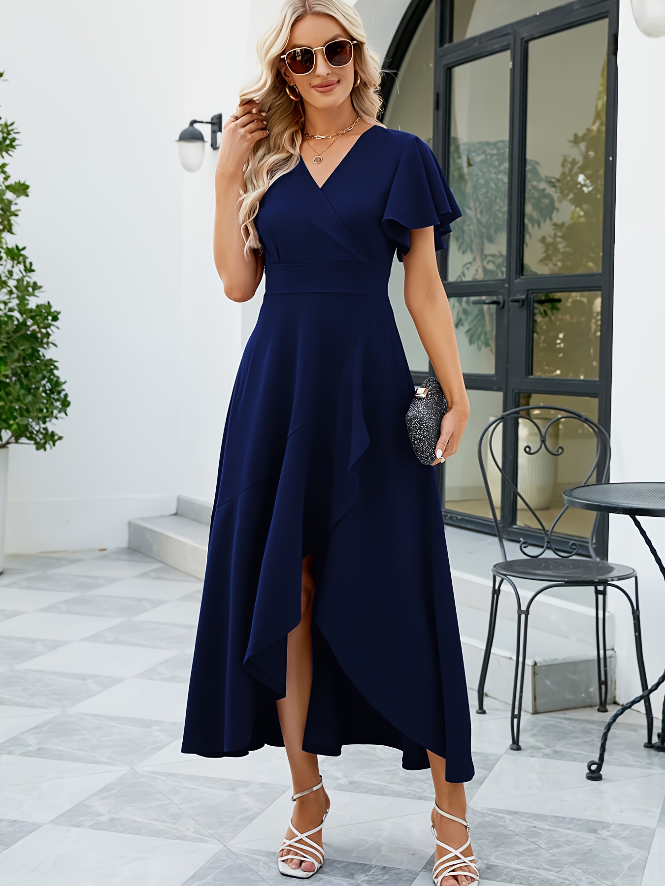 womens v neck irregular hem dress featuring a fitted bodice - Temu