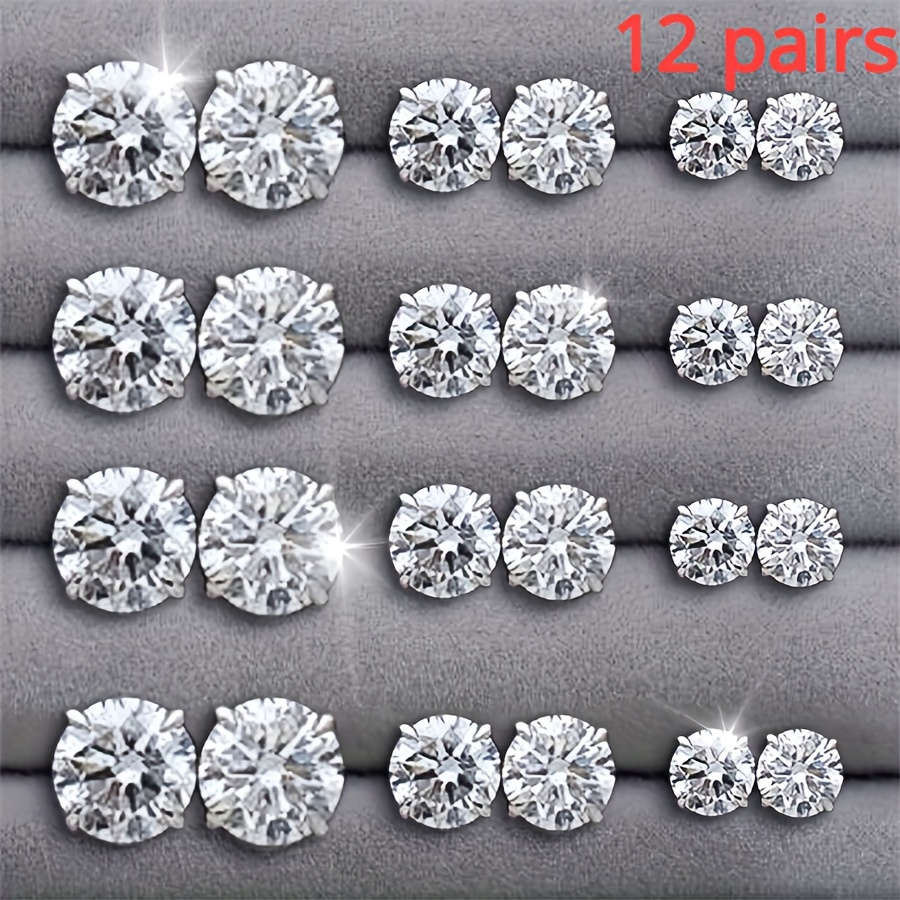 

12 Pairs Of Stud Earrings Set Inlaid Round Zirconia Elegant Ear Piercing Jewelry Decoration Party Favors