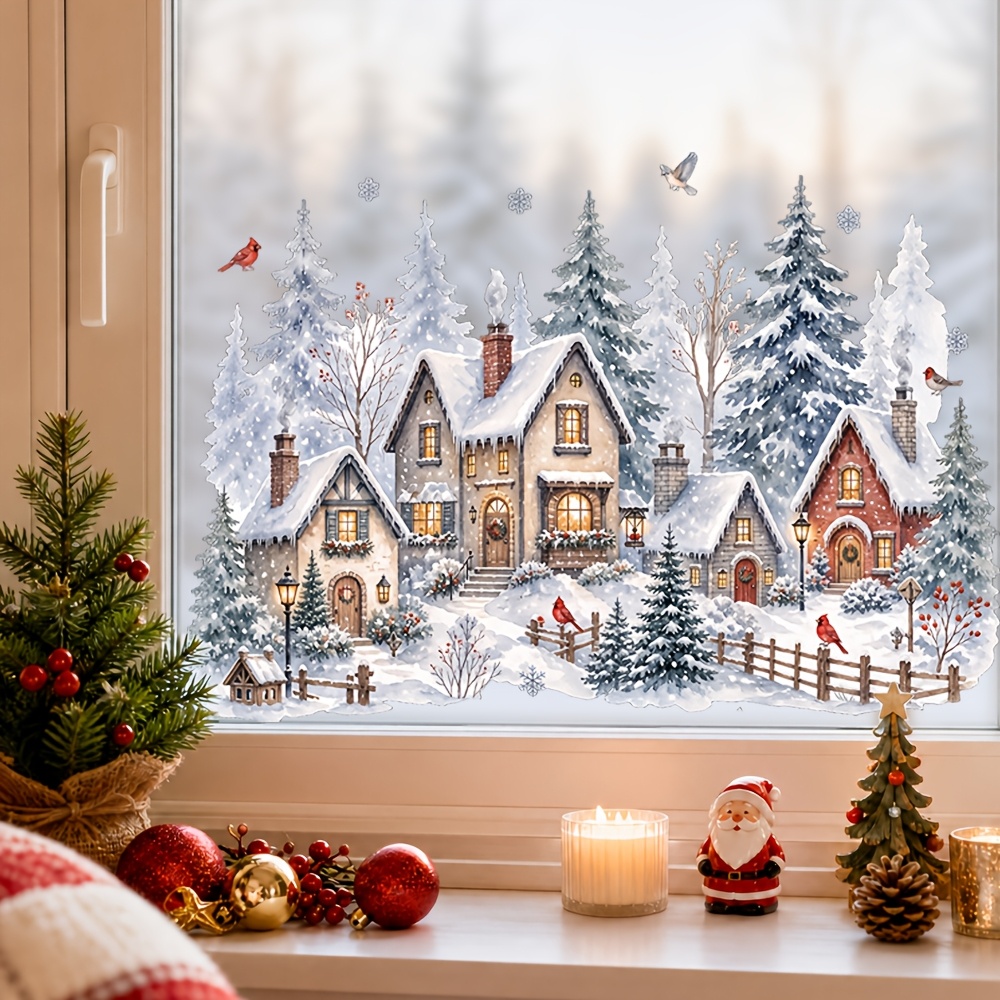 TEMU 1pc Watercolor Winter Fairy Tale Village Window Static Cling Glass Decal, Snow-covered Wooden Cabin, , Robin, Snowflake Decorative Sticker,