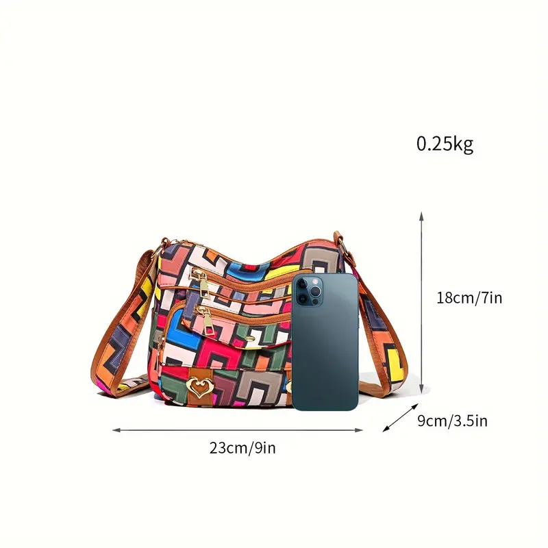 colorful geometric hip hop style womens crossbody bag large capacity with multiple pockets durable nylon vibrant red with brown accents zip closure details 2