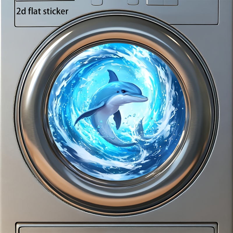 Image of 1pc Dolphin Leaping Water 2d Washing Machine Decorative Sticker, Dolphin Leaping The Water In A Blue Ocean, Living Room Or Laundry Room Decorative Sticker