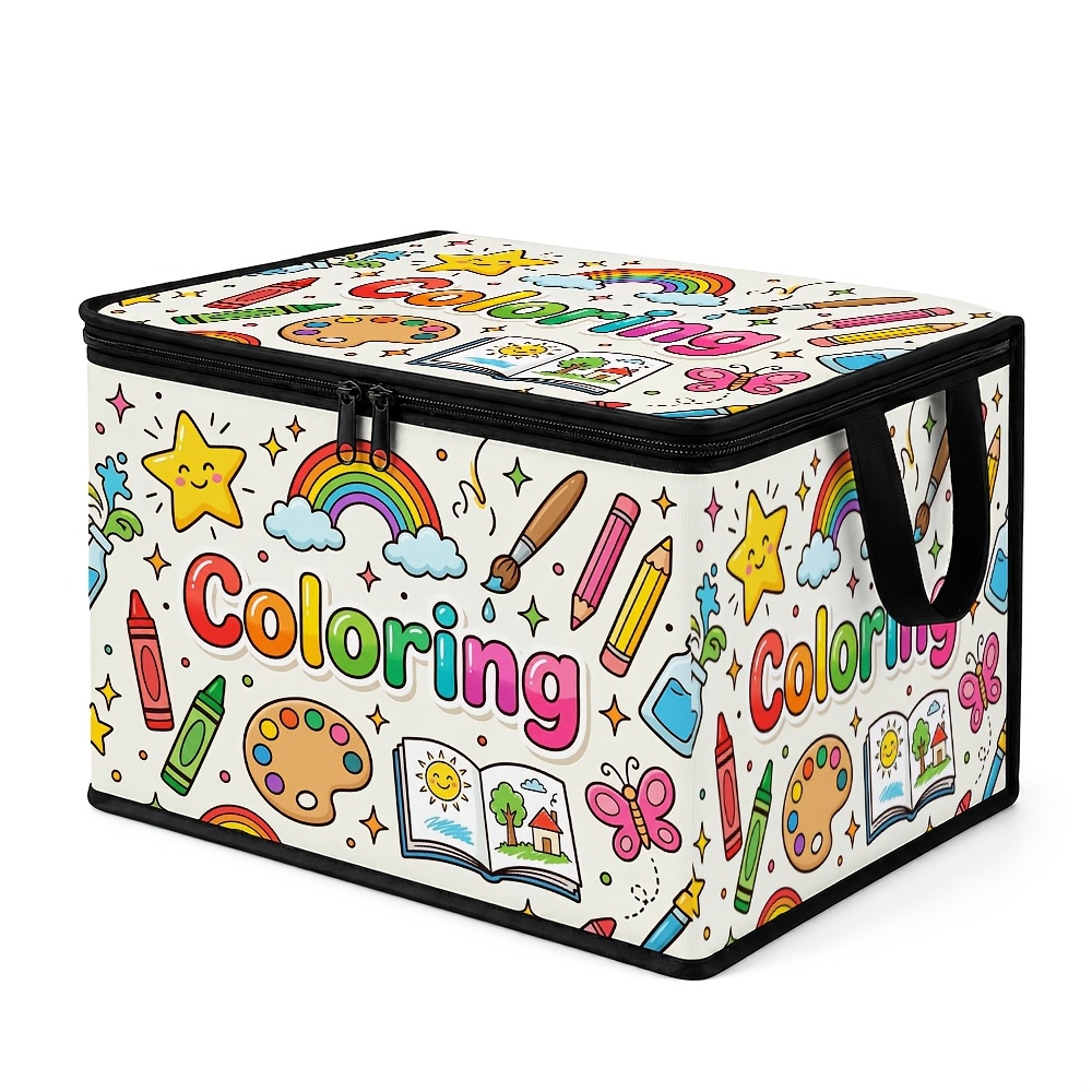 TEMU 1pc Kids Foldable Storage Organizer With Crayons & Coloring Pages - Large Capacity Zippered Bin Suitable For Clothes, Blankets,, Under-bed