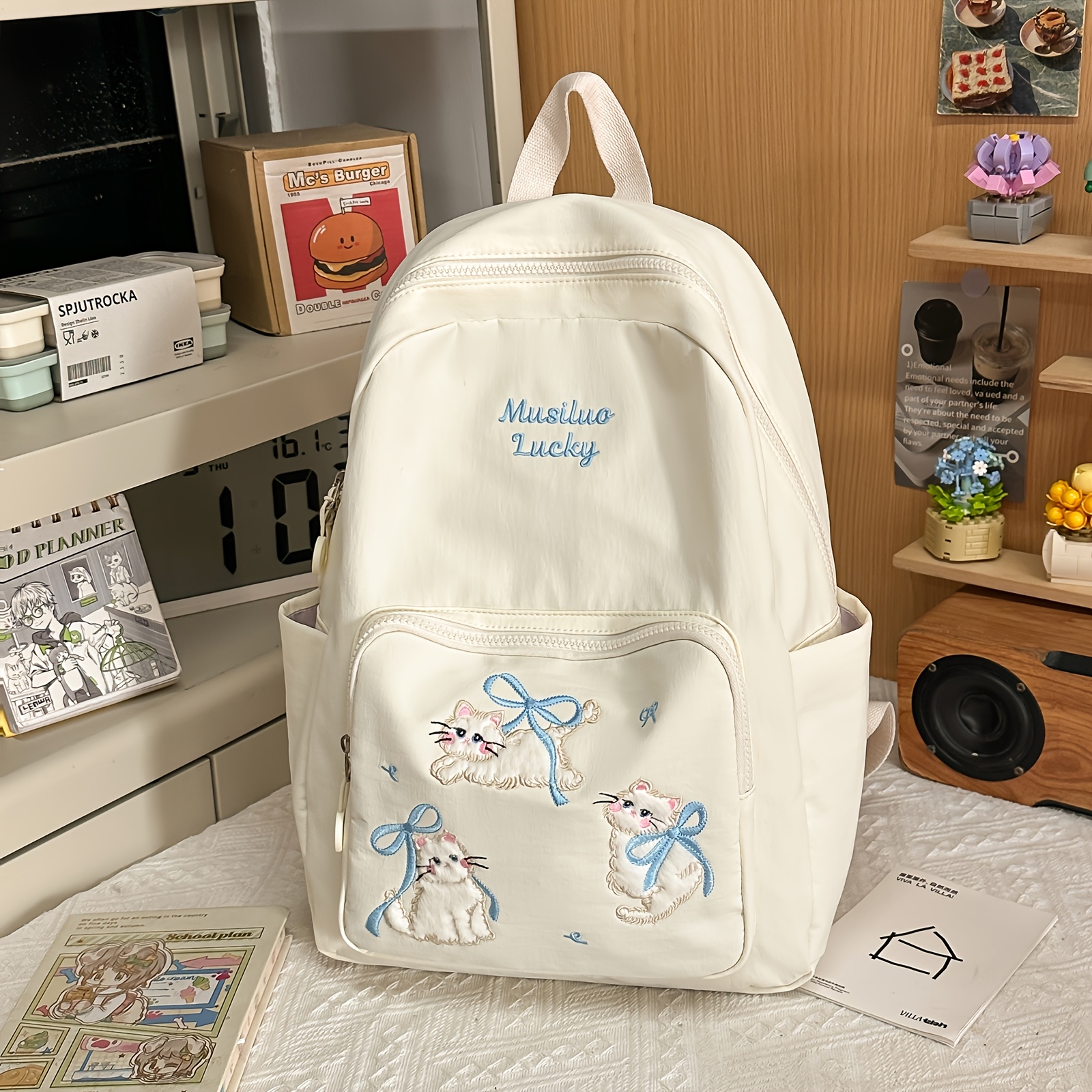 TEMU Women's Large Capacity Lightweight Cat Backpack With Adjustable Straps & Zipper Closure - Cute Kitten School Bookbag Suitable For School,