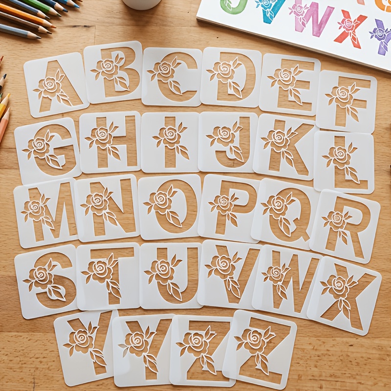 TEMU 26pcs Floral A-z Large Alphabet Templates | Reusable Plastic Stencils, Artistic Floral Letter Drawing Templates For Crafts, Suitable For Walls,