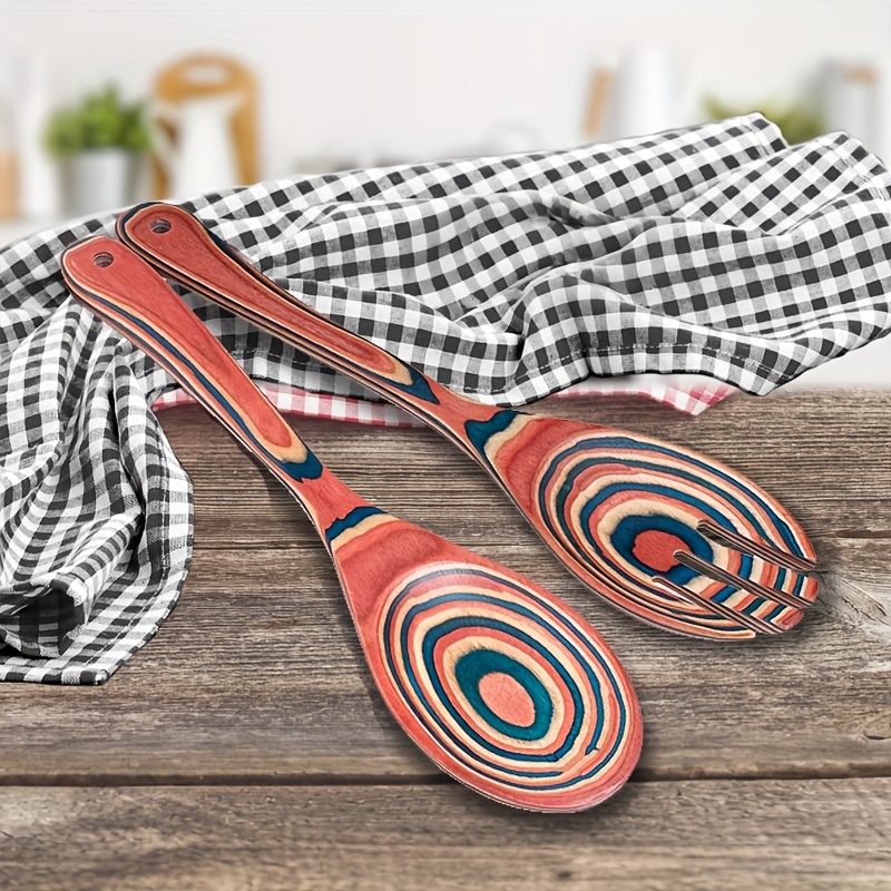 E-shop 2er-Set rosa Salatlöffel, robustes Birkenholz Besteckset, Salatmischer Gabel und Löffel, Salatheber mit langem Griff, Küchenhelfer