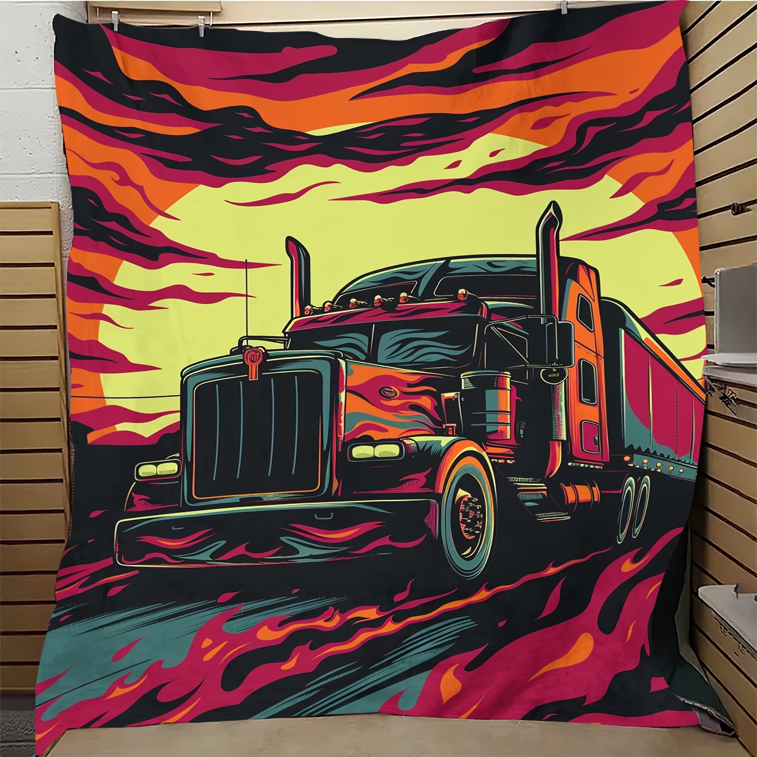 

Style Sunset Truck Design Flannel Fleece Throw Blanket, Soft Cozy Polyester All-season Knitted Movie Theme Gift Blanket With Vibrant Flames Pattern - Versatile Home Decor For Couch, Bed
