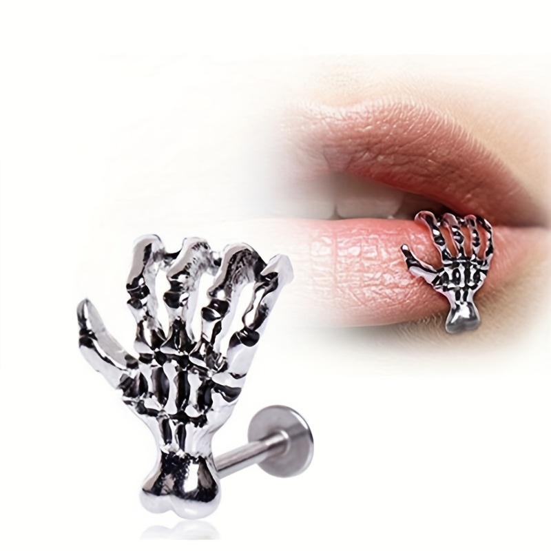 

1 Piece Of Stainless Steel Hip-hop Punk Style Distressed Skull, Hand Bone, Earrings, Lip Studs, Multifunctional Puncture Accessory